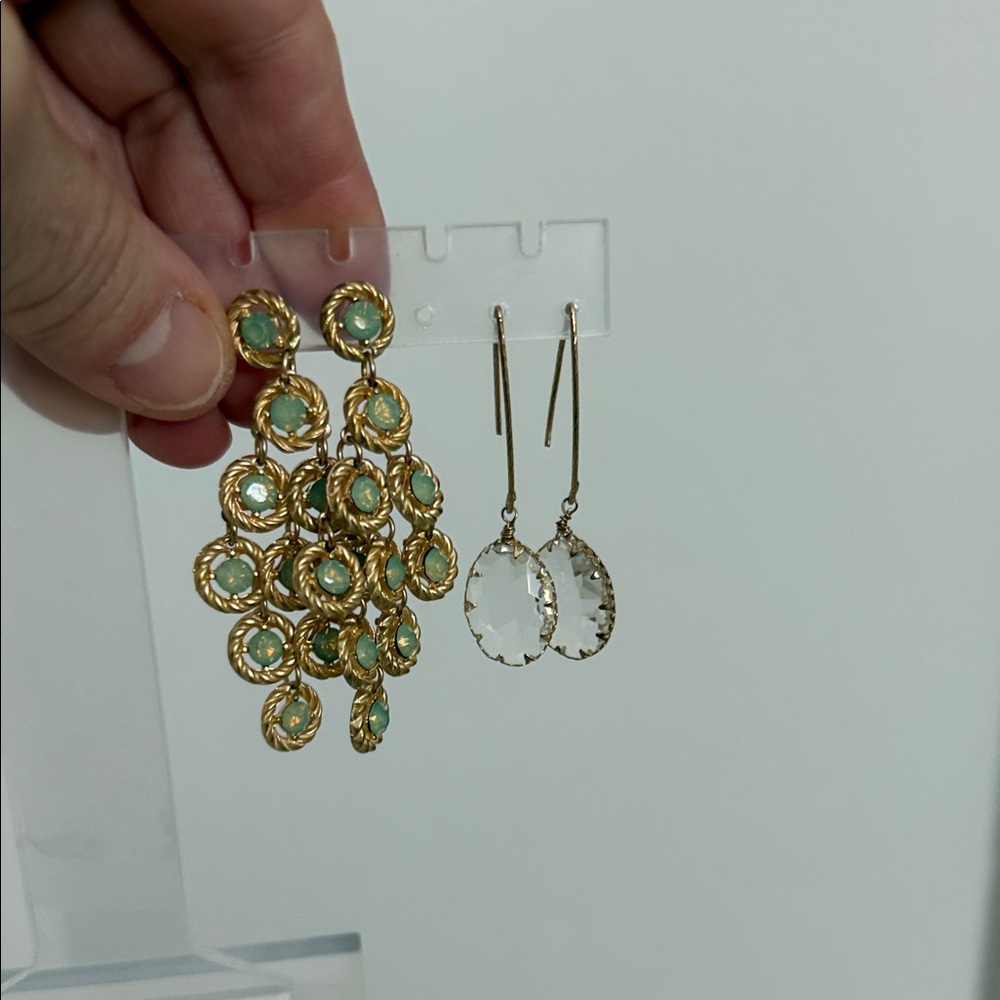 Gold and Green and glass Dangle Earrings